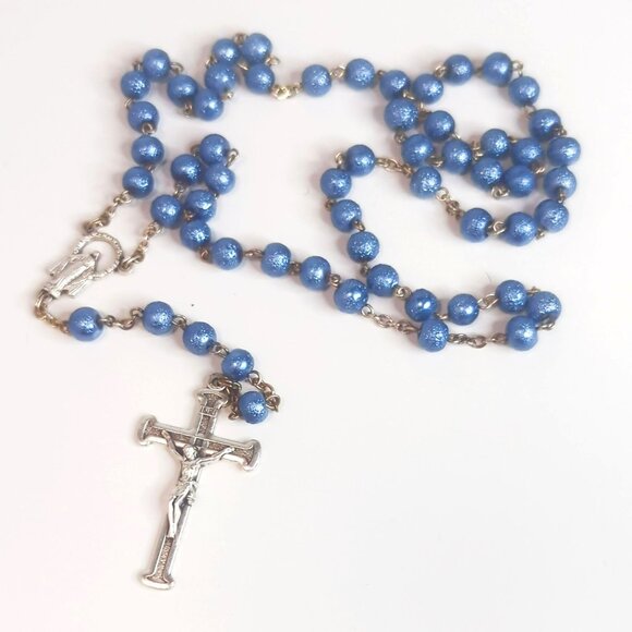 Vintage Blue Silver-Tone Rosary Necklace Sacred Miraculous Mary Prayer Beads - Picture 5 of 6